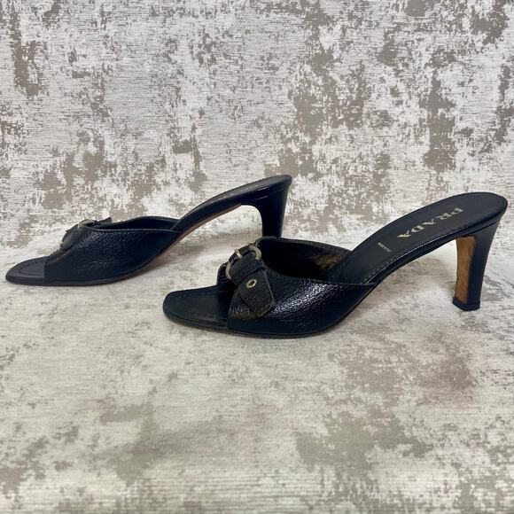 Prada Buckle Front Open Toe Leather Mules in Black - Picture 4 of 9
